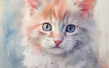 Kitten - portrait, cute, face, cat, ginger, kitten, white, art, eyes, pisici, painting, pictura