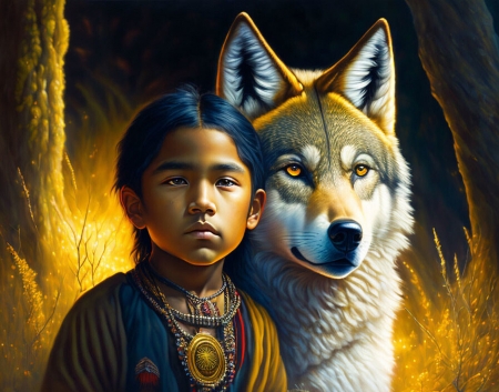  Wolf and the Indian child - ejszaka, erdo, fak, farkas, gyermek, portre, torzsi gyermek, vadvilag