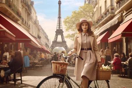 Morning in Paris - eiffel torony, emberek, francia, hazak, kalap, kerekpar, kosar, lany, parizs, parizs utcai, termeszet, uzletek, varos