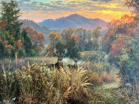Seven Islands Encounter - artwork, clouds, deer, field, mountains, nature, painting, trees