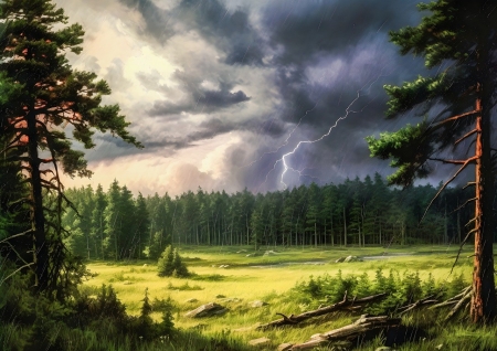 Lightning over the forest - erdo, fak, novenyzet, sotet egbolt, vihar, villamlas, zold tajkep