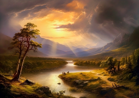 Sunbeams over a golden river - erdo, fak, felett, folyo, napfeny, napsugarak, novenyzet, termeszet