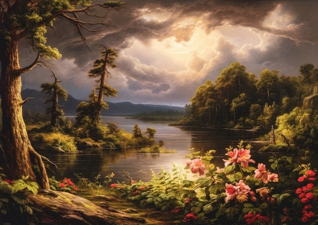 View of the river - egbolt, erdo, fak, folyo, kilatas, napfeny, napnyugta, novenyzet, sotet felhok, termeszet, viragok