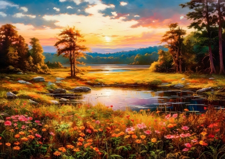 Color landscape - egbolt, elenk, erdo, fak, folyo, kovek, levelek, novenyzet, sziklak, szines taj, szines viragok