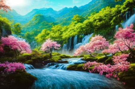 Amazing waterfall - erdo, fak, festeszet, gyonyoru vizeses, hegyek, kivirul, rozsaszin, termeszet, viragok, zuhatag