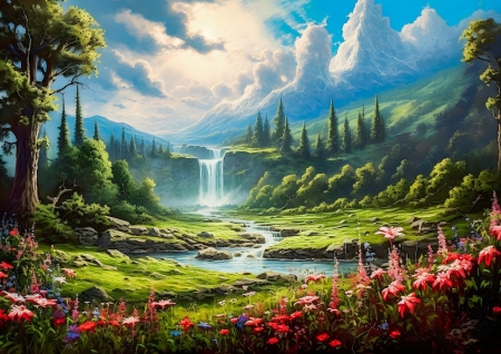 Distant waterfall - dombok, egbolt, erdo, fak, felhok, folyo, gyonyoru vizeses, hegyek, szines tajkep, termeszet, viragok