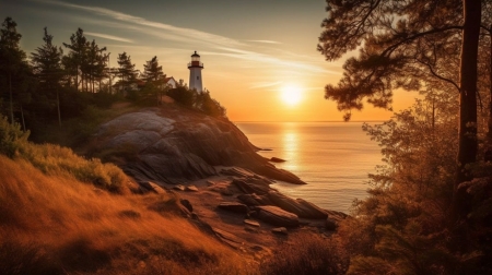 Lighthouse at sunrise - bekes, erdo, napfeny, napkelte, novenyzet, nyugodt, reggel, sziget, szikla, tajkep, tenger, vilagitotorony