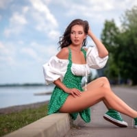 Brunette in Green and White