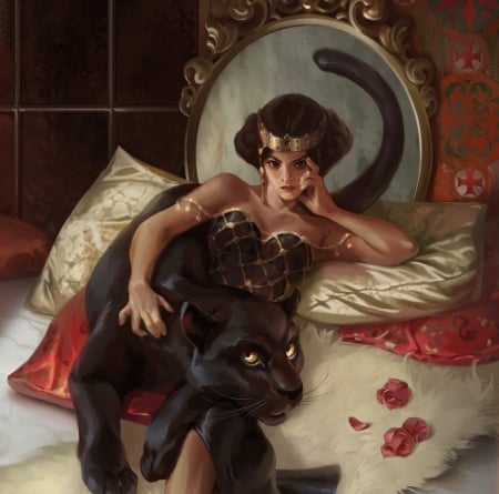 :) - odalisque, olga samoilova, girl, black panther, concubine, jaguar, ofalusque, petals, cat, fantasy, bed, white, red, pisici, rose, art