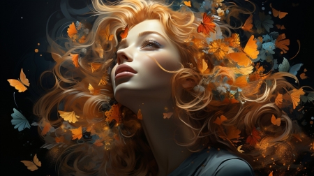 :) - fantasy, neuroset, girl, butterfly, blonde, face, orange, art