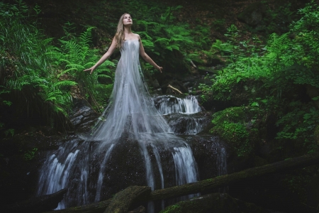 Model Blending into a Waterfall - blonde, digital art, waterfall, model