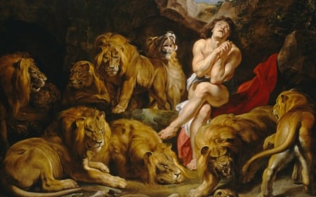 Daniel in the lion's den - pictura, daniel in the lions den, peter paul rubens, painting, leu, lion, man, art