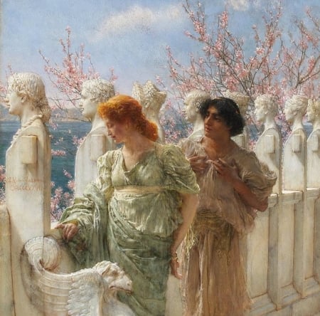 Past and Present Generations - blue, blossom, spring, pink, alma tadema, pictura, 1894, woman, painting, art