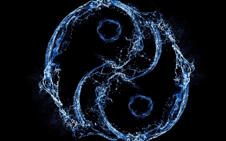 Yin Yang - black, yin yang, fantasy, water, blue