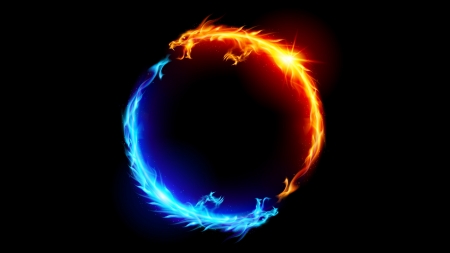 Yin Yang - black, yin yang, fantasy, dragon, blue, fire, orange