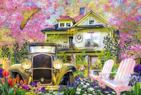 Bit of Nostalgia - artwork, blossoms, car, cottage, painting, spring, trees