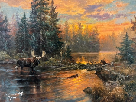 North Woods Pond - artwork, clouds, forest, lake, moose, painting, sky, trees