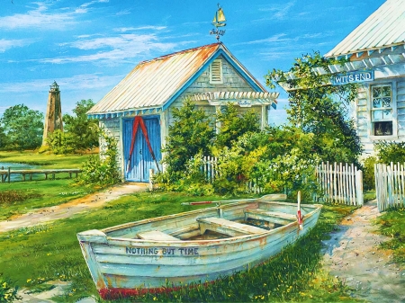 Wits End - artwork, boat, house, painting, shed