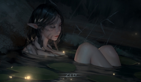 Moonlight - art, dark, fantasy, girl, moon, night, trungbui42, water, z ed, zed, zedart