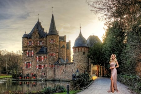 Nata Lee at a Castle - moat, gown, model, driveway, blonde, castle