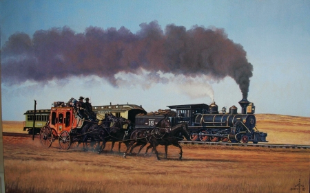 Dodge City - artwork, coach, desert, horses, painting, steam, train