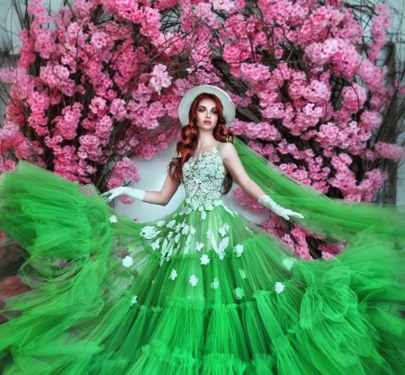 :) - blossom, girl, dress, spring, pink, flower, maria lipina, model, woman, green