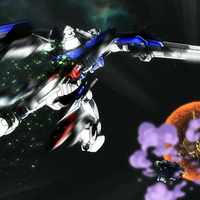 Gundam Exia heading into battle against the Alvatore