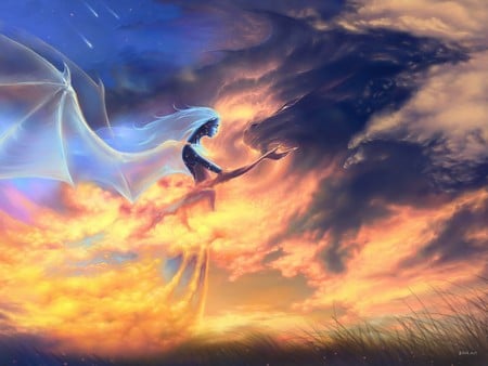 Ghostangel / Geisterhafter Engel - mystery, sky, girl, angel, phoenix, fire, fantasy, weather, ghost, dark, clouds, angels, dragon, dark art