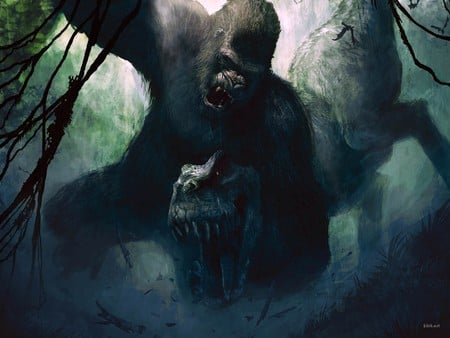 King Kong - movie, graphics, 3d and cg, king kong, fantasy, dinosaurs, dark, dinosaur, universal, dark art