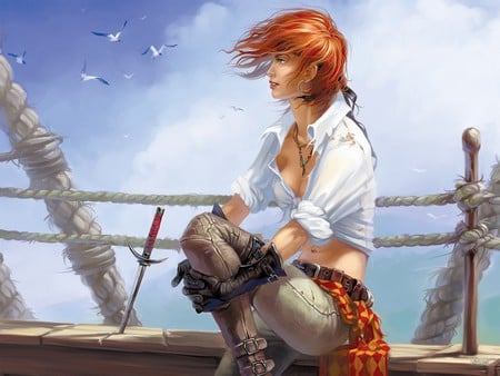 Pirate / Piratin - outfit, wallpaper, boat, wall, shirt, redhead, ropes, fantasy, picture, gloves, birds, illustration, red head, dark, blue, work, colours, sword, girl, abstract, image, 3d, woman, boots, seaguls, wind, beauty, ship, pirate, art, sky, red hair, warrior, white shirt, sexy, dark art, sea