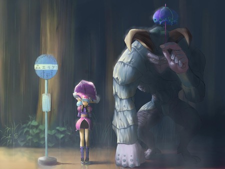 anime - bus stop, trees, dark, umbrella, monster, anime