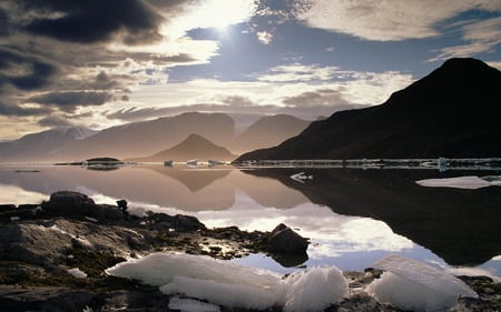 Mountain Desktop Background - nature, glow, lake, background, sun, skies, mountains