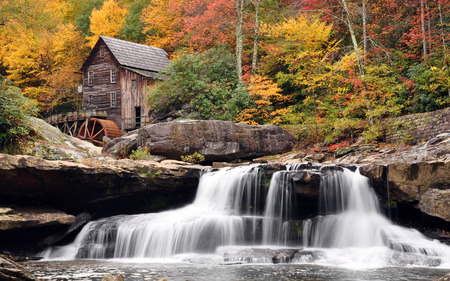 Autumn Mill - yellow, rivers, brown, landscape, leaves, forests, red, hdr, nice, house, trees, water, beautiful, mill, falls, colors, cool, green, autumn, rocks