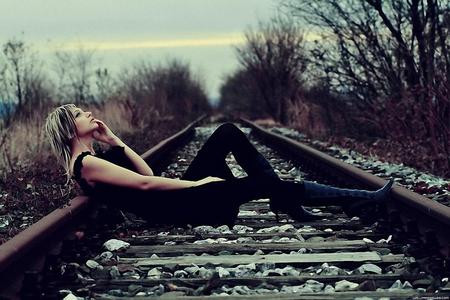 CoNteMpLaTiNG! - train, railroad, tracks, girl, contemplating