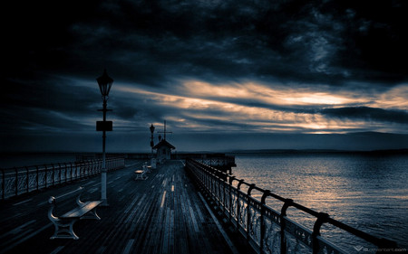 Black Pier at Night - abstract, reflections, montage, sea, sunrise, colors, night, pink, pier, black, fantasy, other