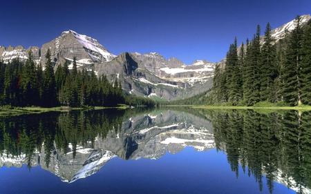 Beautiful Nature - sky, trees, rocks, reflections, calmness, green, prety, lake, hills, landscape, mountain, winter, summer, shore, peaks, lovely, serenity, tranquility, nature, forest, blue, snow, beautiful