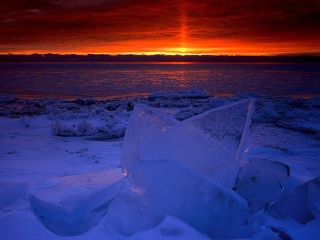 Winter Sunset - winter, ice, sunset, orange blue