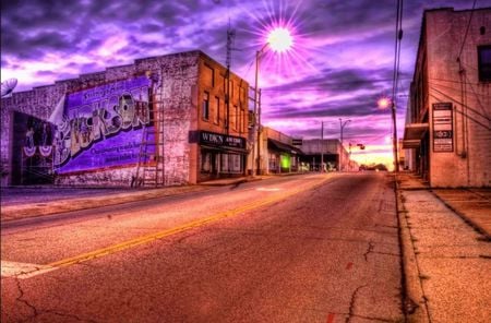 empty street - street, lights, buildings, twilight