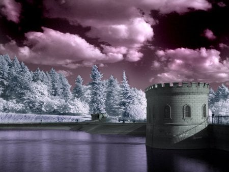 tower - tower, lake, trees, clouds