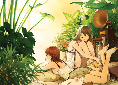 Relaxing - girls, girl, female, plant, anime, anime girl, cute