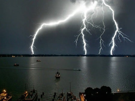 Four Bolts of Lightening - lightening, oceans, night, photography