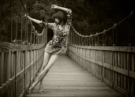 Bridge - black, women, model, black and white, bridge, girl, white, photography, bridges