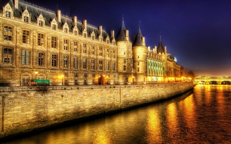 Around the world - moon, river, lights, palace, night, dark, bridge