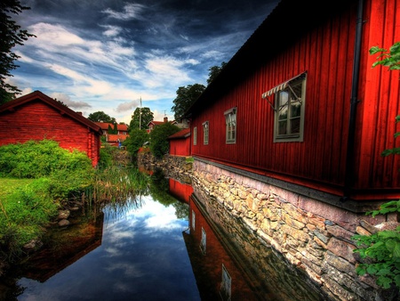 red houses - water, red, blue sky, grass, houses