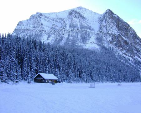 Frozen Lake Louise - frozen, cabin, snow, lake, louise