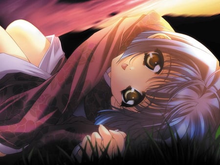 sleeping on grass is the best - girl, anime, grass