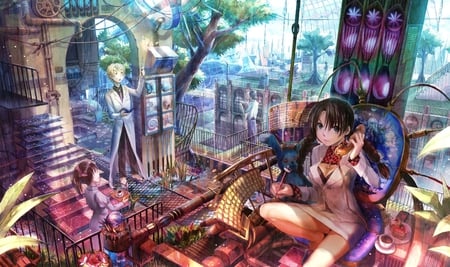 My Work Place - male, laboratory, sweets, building, girl, female, anime girl, rabbit, boy, pink, blue, city, anime, tree, cute, manga