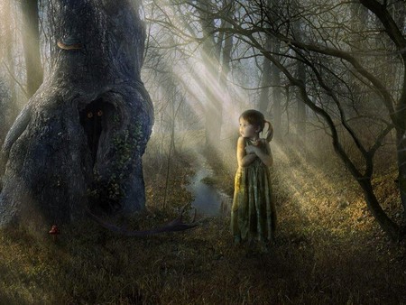 LOST LITTLE GIRL - sun rays, girl, eyes, alone, forest, scared, big, lost, tees