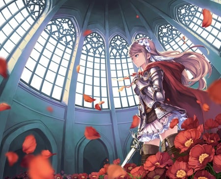 Sexy Knight - sexy, building, hot, female, girl, knight, anime girl, blade, anime, sword, cute, flower