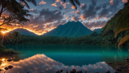 Sunset at the lake - egbolt, erdo, fak, felhok, napnyugta, sotet felhok, tajkep, tavak, termeszet, tukrozodes